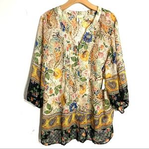 Anthropologie boho sheer paisley floral tunic blouse button down pintuck NWT  3x